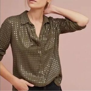 Anthropologie Maeve Arwa Oversized Olive Green Sequin Shirt S